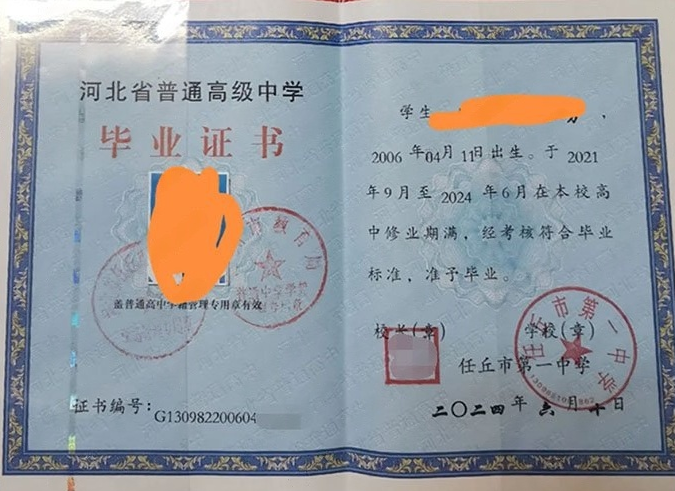 厚街任丘市第一中学高中毕业证样本图片